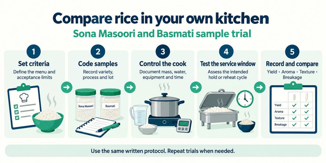 A controlled kitchen-trial infographic for comparing Sona Masoori and Basmati samples through preparation, cooking, holding and scoring.