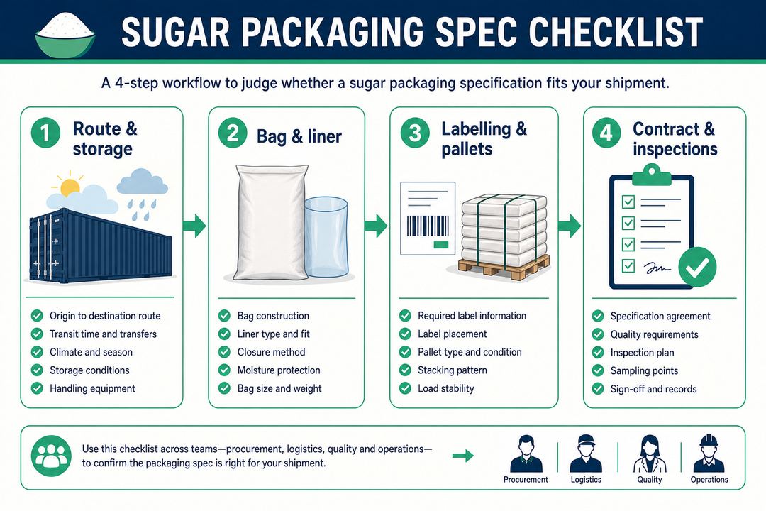 Landscape process infographic showing four labelled steps from route and storage review, through bag and liner checks, through labelling and pallet review, to contract and inspection sign-off for a sugar shipment.