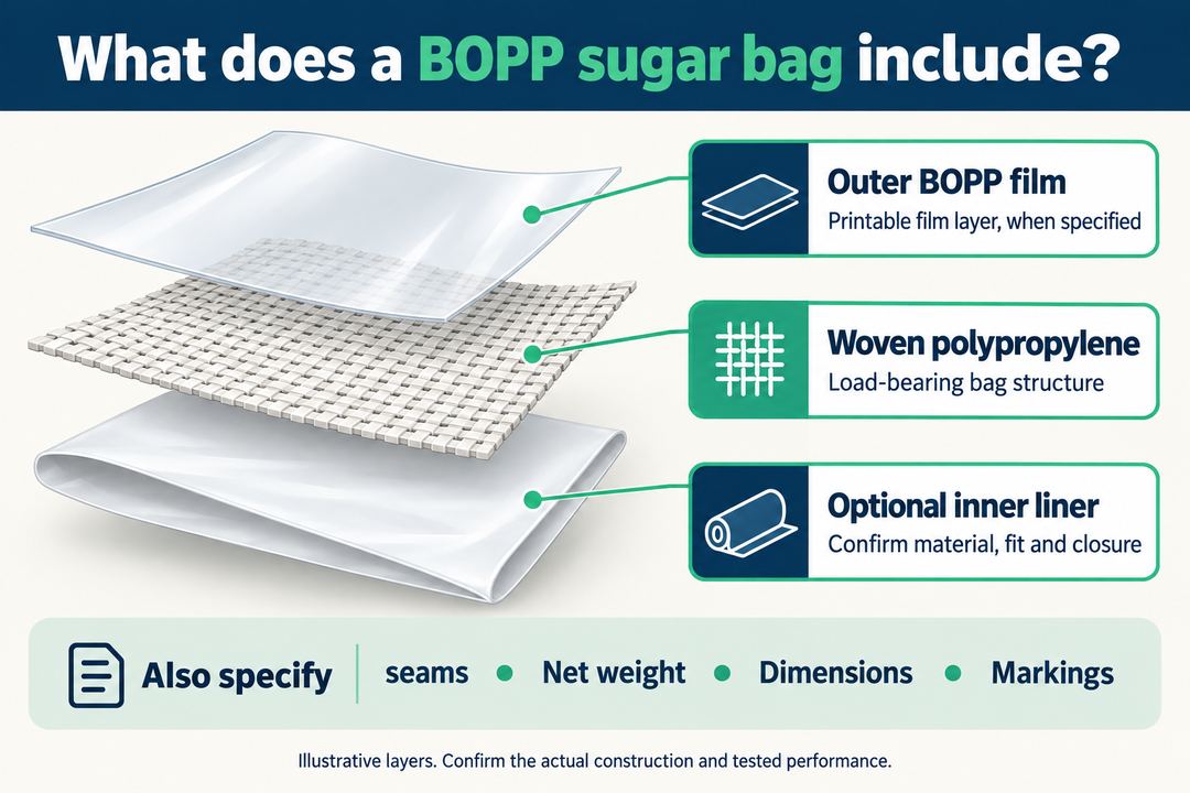 An illustrative sugar-bag layer diagram distinguishing outer BOPP film, woven polypropylene structure and optional inner liner.