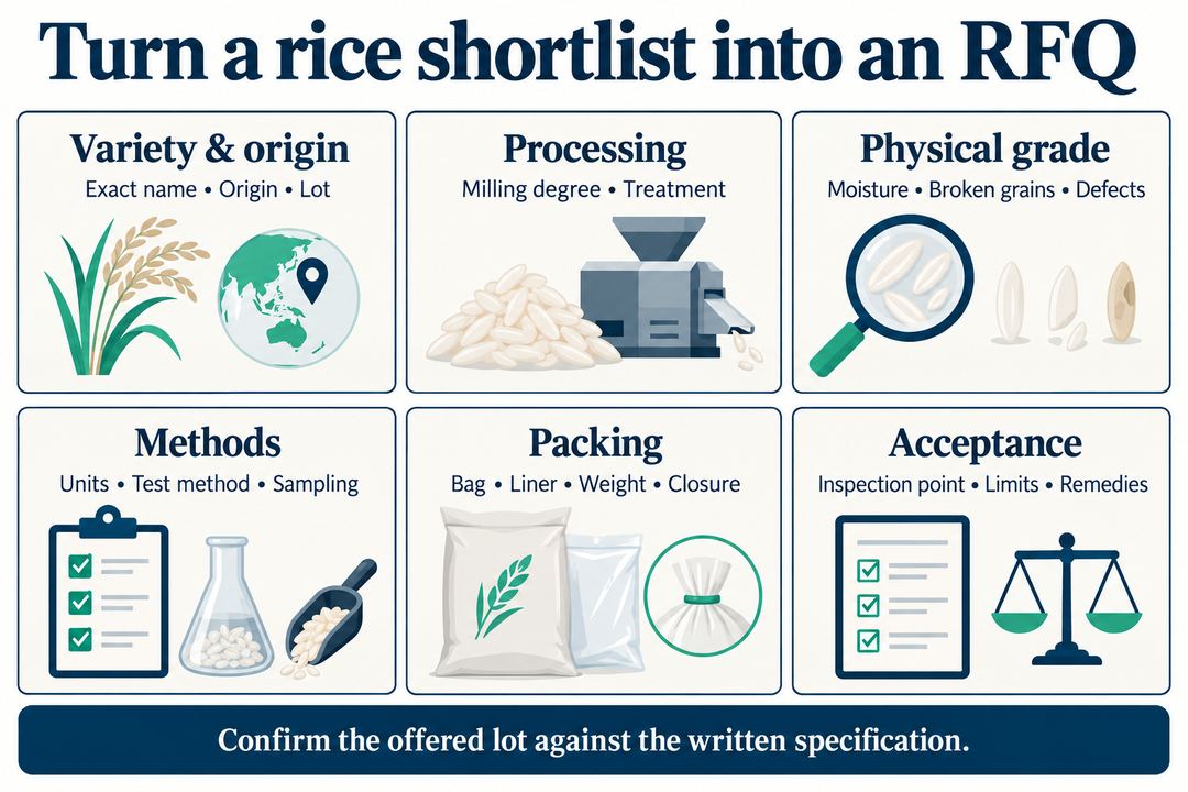 Rice RFQ infographic showing six specification fields: variety, process, physical grade, methods, packing and acceptance.