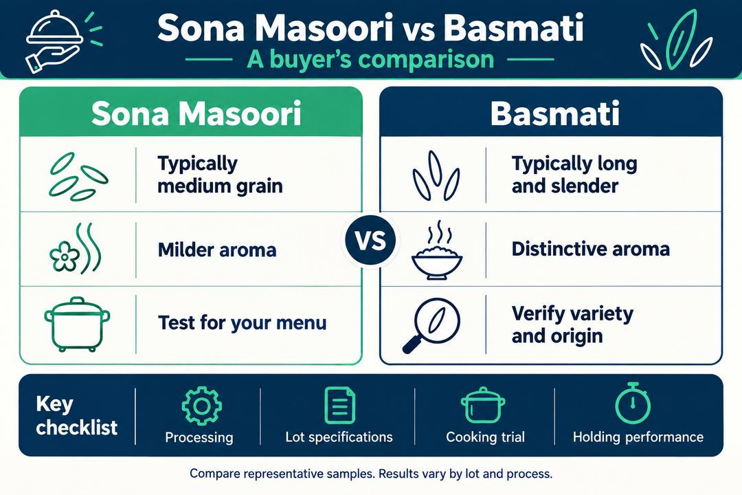 Sona Masoori and Basmati comparison infographic with qualified grain and aroma tendencies and a buyer checklist.