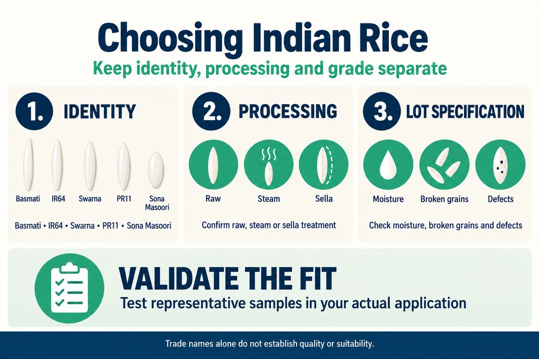 Indian rice selection infographic separating identity, processing, lot specification and application testing.