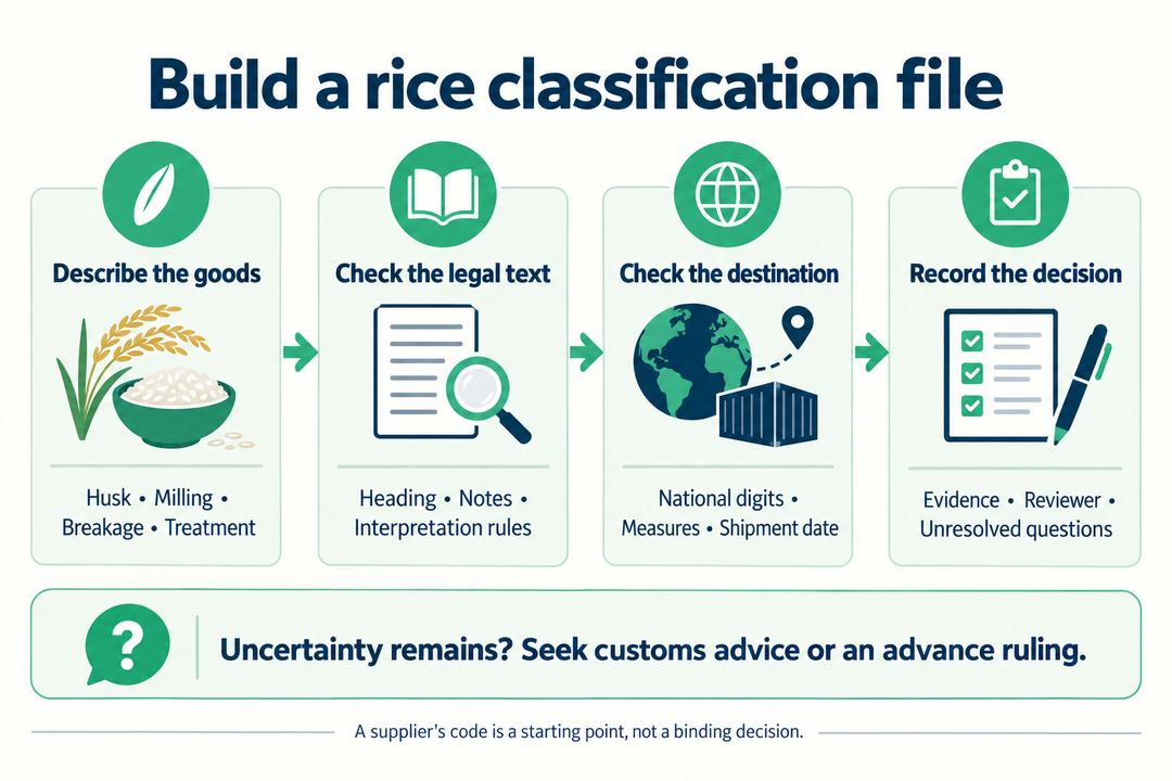 Rice customs-classification workflow showing product facts, applicable legal text, destination tariff checks and a documented decision.