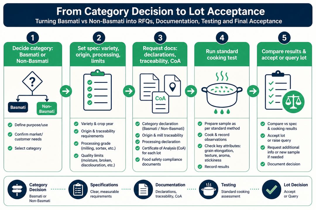 Landscape flowchart-style infographic showing a stepwise procurement process from deciding Basmati vs non-Basmati through defining specifications, collecting documents, testing samples and making lot-acceptance decisions.